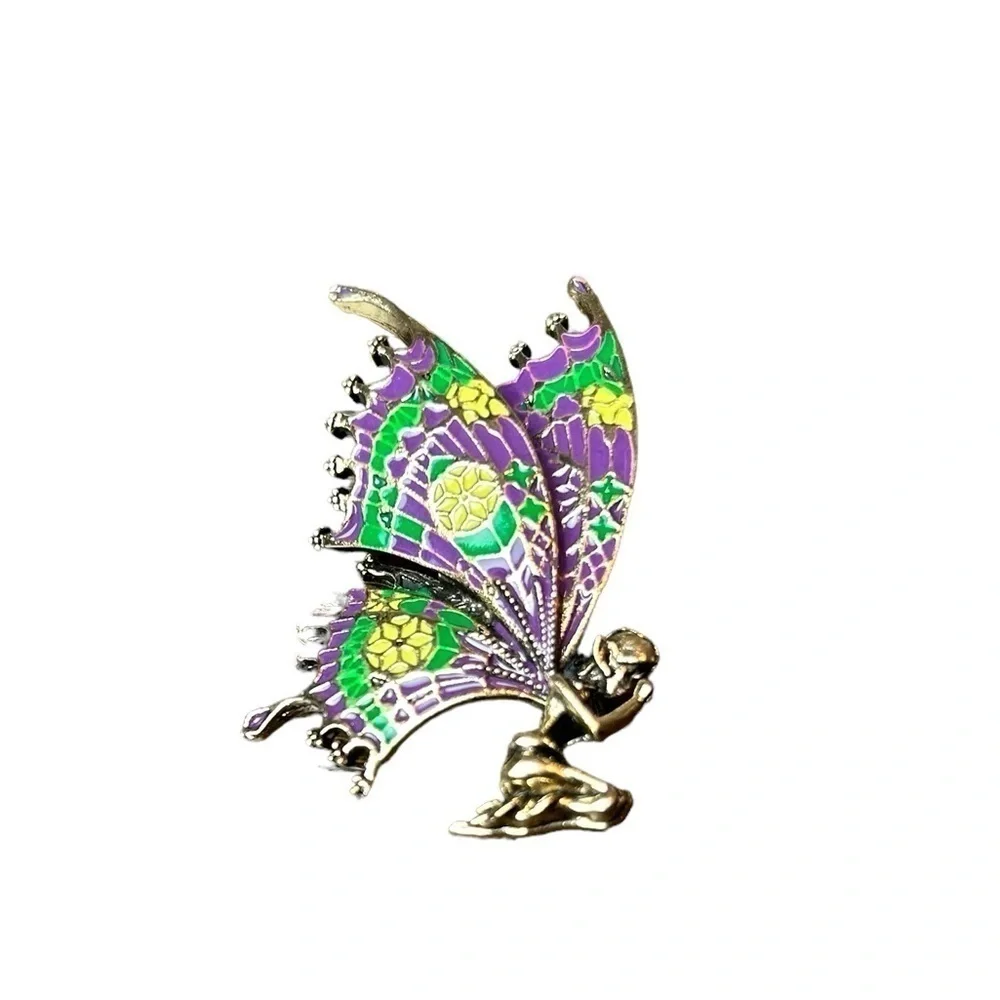 Fairy Brooch Kneeling Praying  Demential Colorful Wings Feminine Fairycore Pin